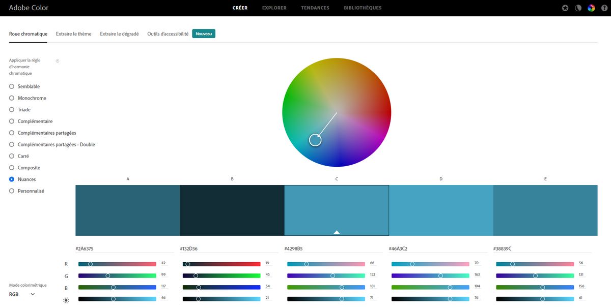 Adobe Color indique les codes HTML des couleurs de votre charte graphique