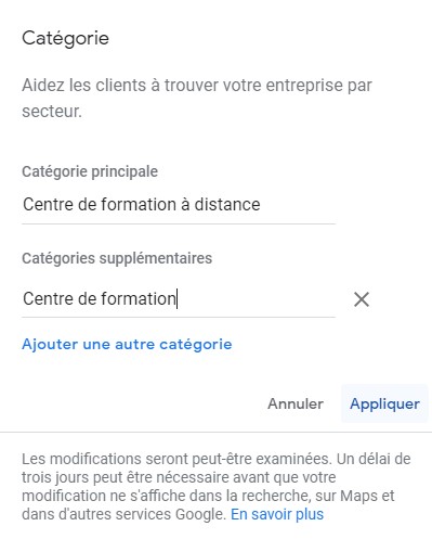 La catégorie principale et les catégories supplémentaires de la fiche d'établissement Google